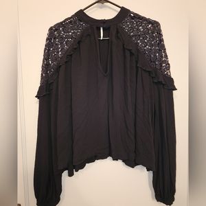 Free People Large black crochet shoulder long sleeve top